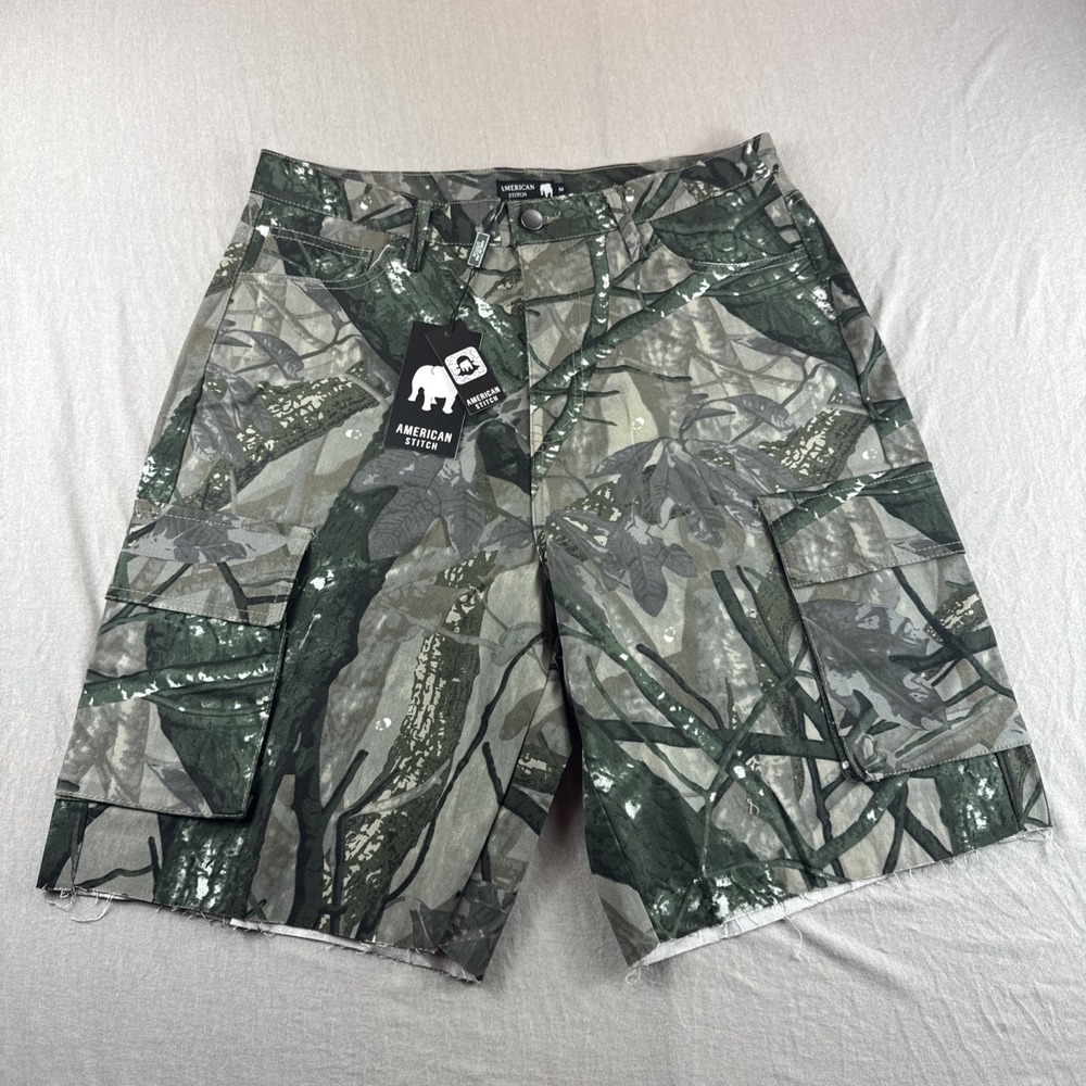 American Stitch Camo Twill Cargo Shorts Mens M Raw Hem Military Utility 9" NEW